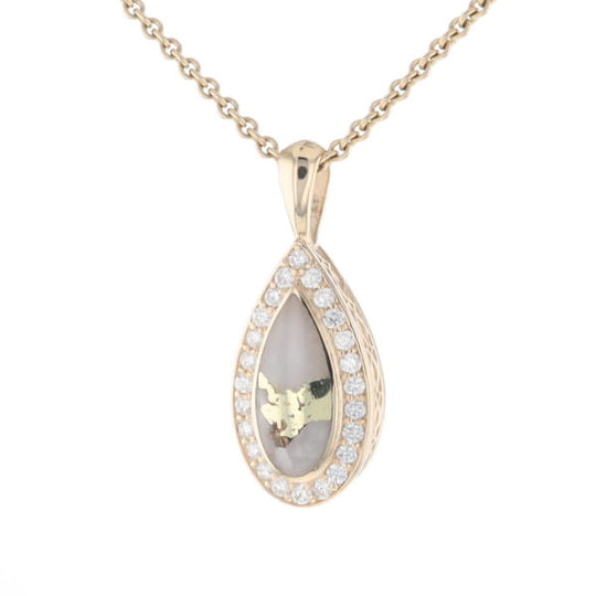 Gold Quartz Pendant Tear Drop Inlaid .42ctw Diamond Halo Design