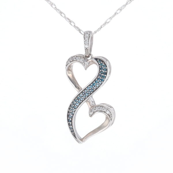 Blue and White Diamond Double Open Heart Pendant with 16" Singapore Chain