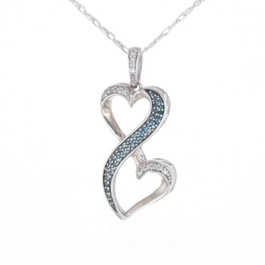 Blue and White Diamond Double Open Heart Pendant with 16" Singapore Chain