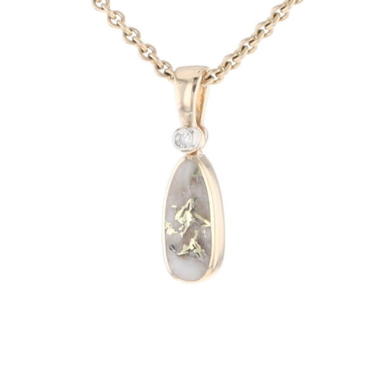 Gold Quartz Necklace Pear Shape Inlaid Pendant with .02ct Diamond