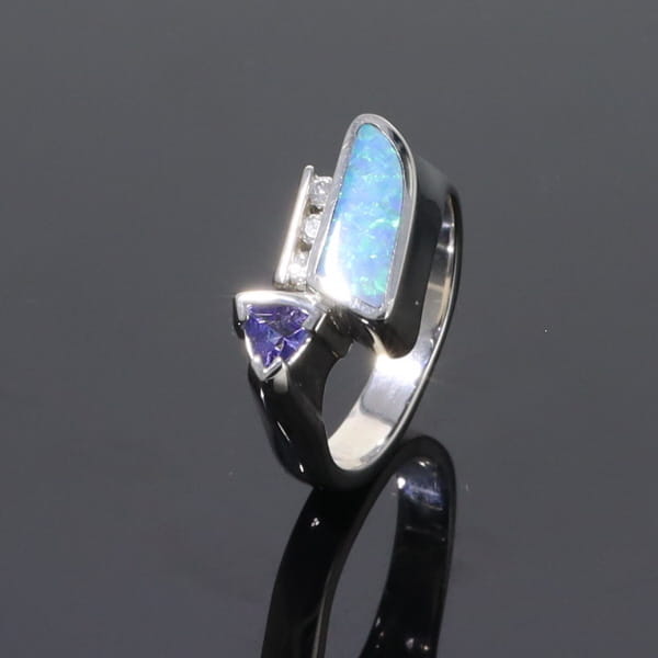 Opal Rings Geometric Inlaid Design with Tanzanite and .08ctw Diamonds