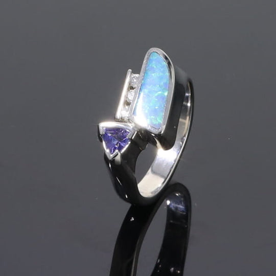 Opal Rings Geometric Inlaid Design with Tanzanite and .08ctw Diamonds