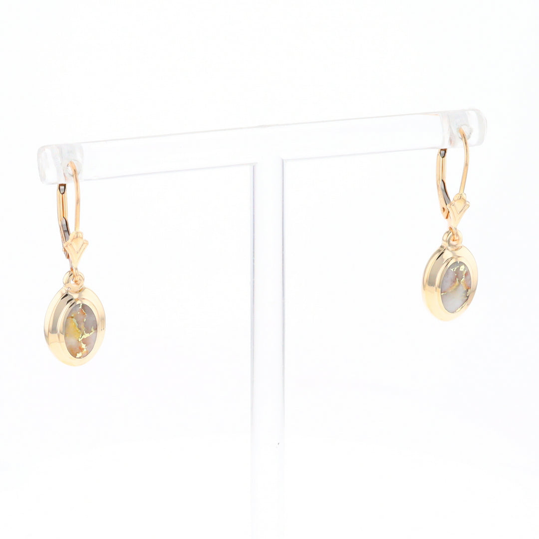 Gold Quartz Earrings Oval Inlaid Design Lever Backs - G2