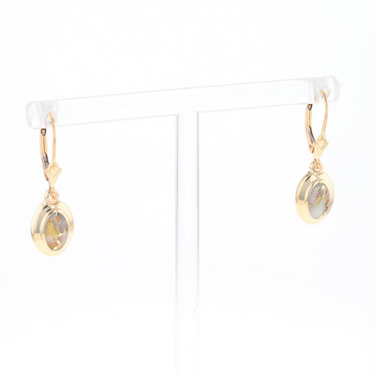 Gold Quartz Earrings Oval Inlaid Design Lever Backs - G2