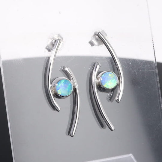 Opal Earrings Round Inlaid Double Curved Bar Design Studs