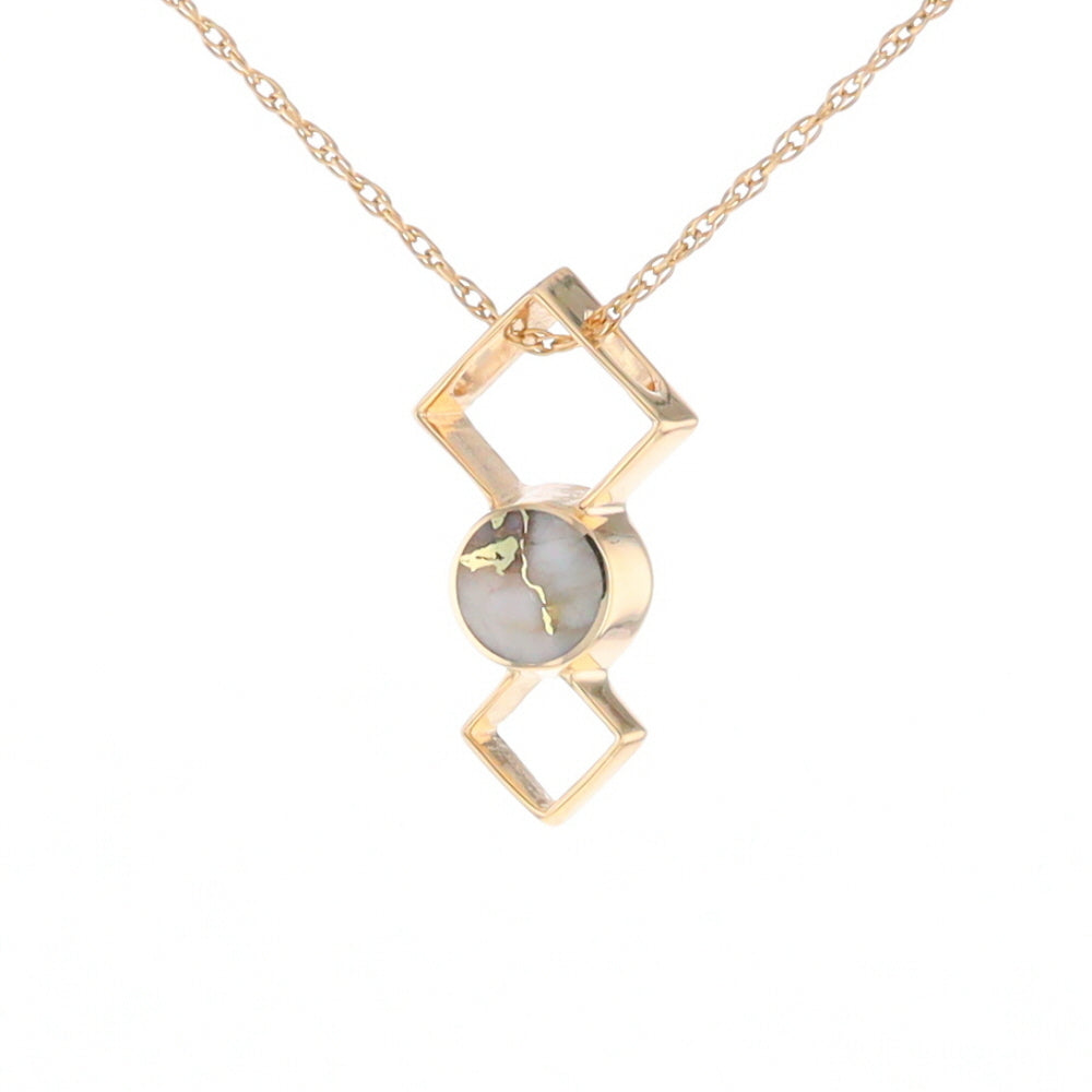 Gold Quartz Round Inlay Double Diamond Design Pendant