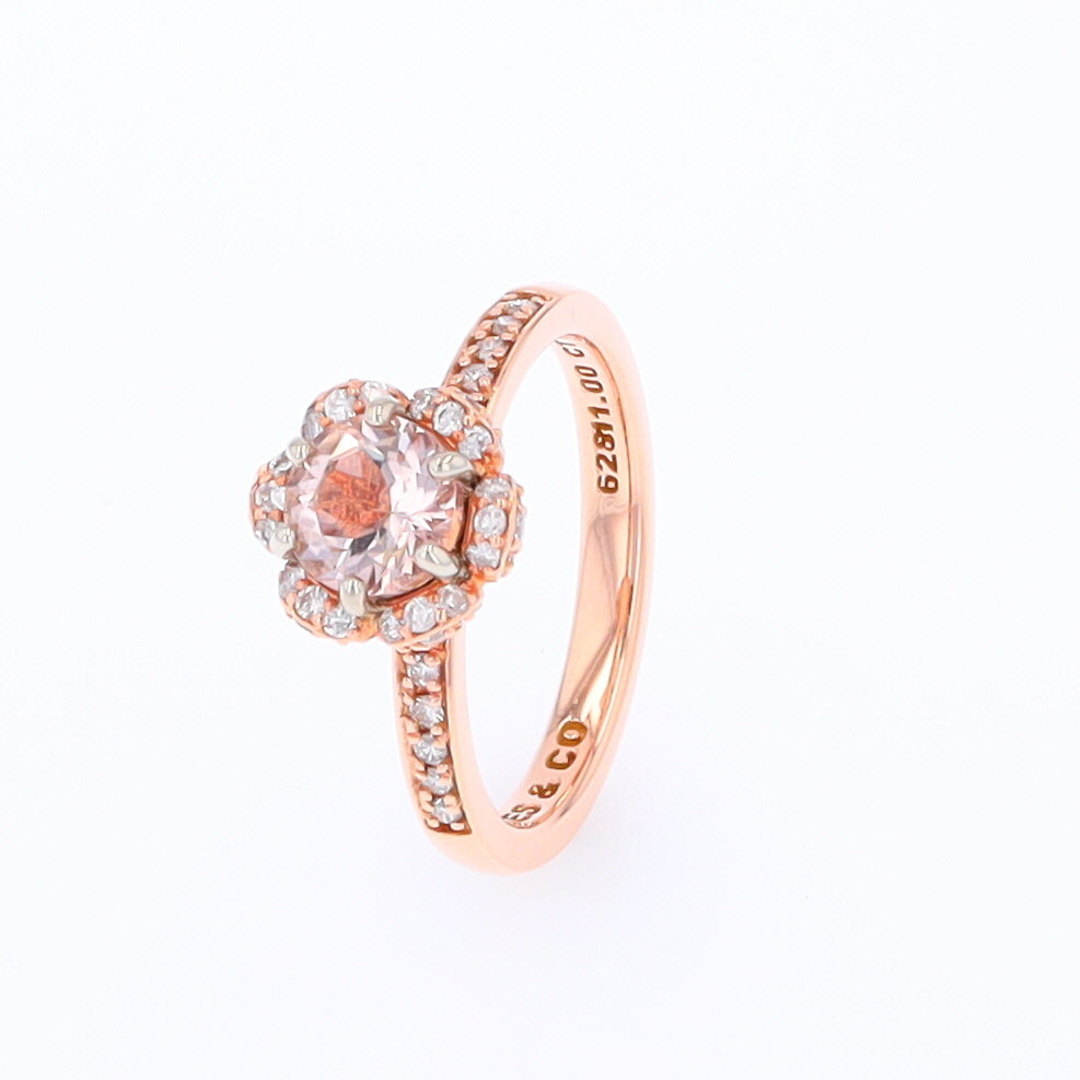 Morganite 1.01ct Round  Rose Flower Diamond Engagement Ring