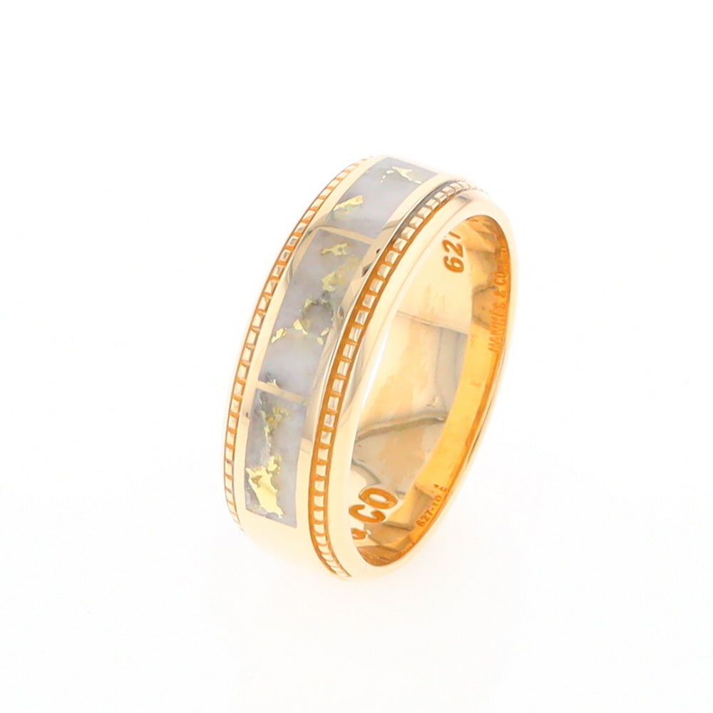 Gold Quartz Ring 3 Section Rectangle Inlaid Milgrain Border Band