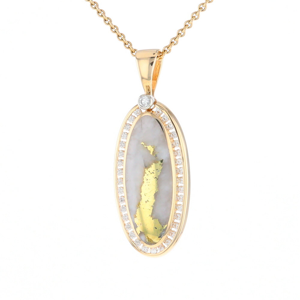 Gold Quartz Necklace .54ctw Halo Diamond Oval Inlaid Pendant