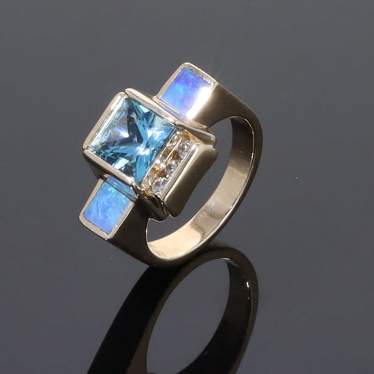 Opal Rings Inlaid Sides Swiss Blue Topaz Center with .24ctw Diamonds