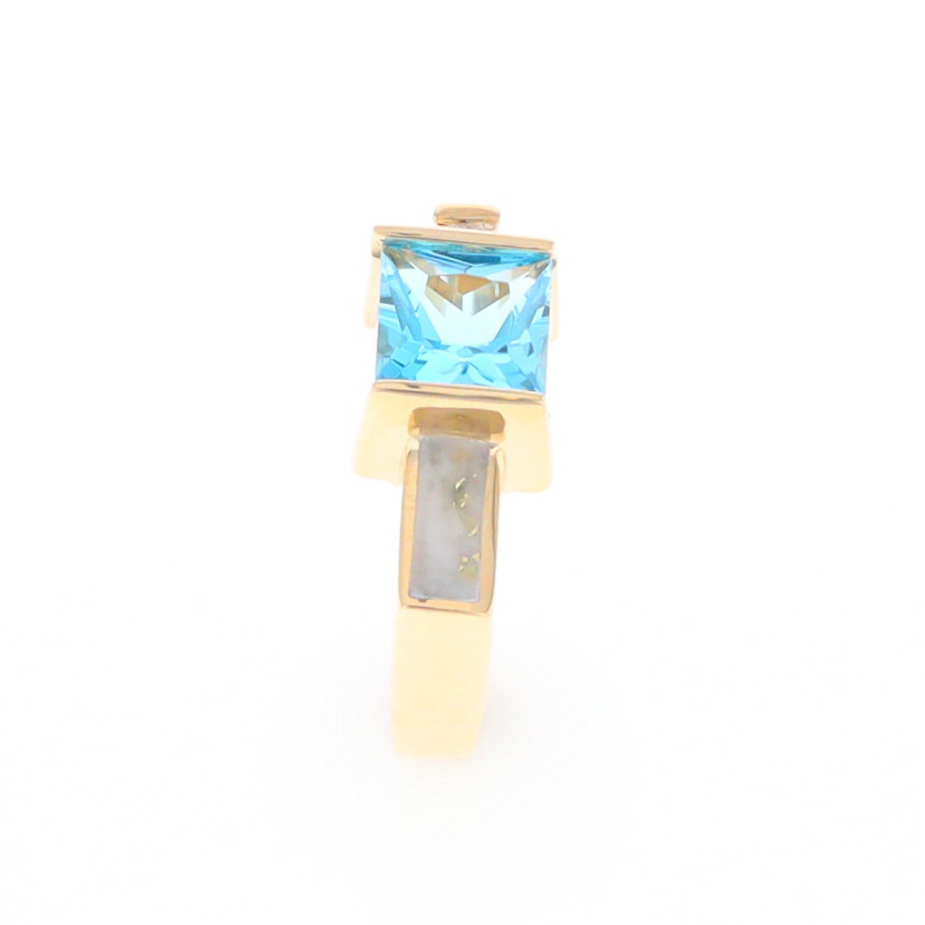 Gold Quartz Ring Rectangle Inlay Swiss Blue Topaz .06ct Round Diamond