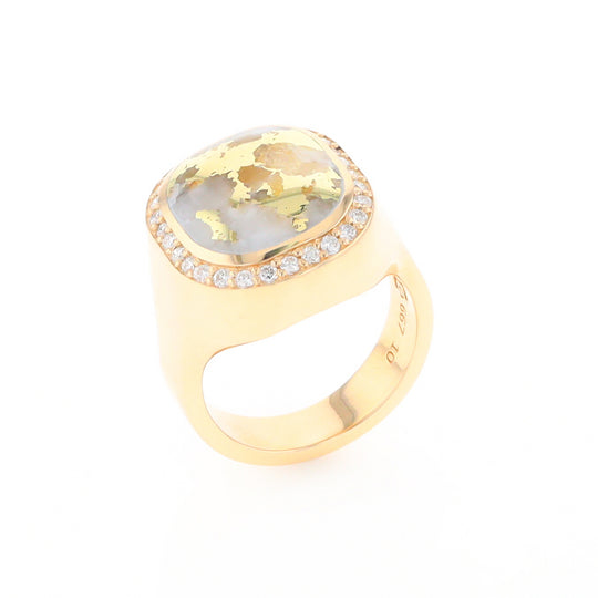 Gold Quartz Cushion Inlaid Men's Ring with Diamond Halo