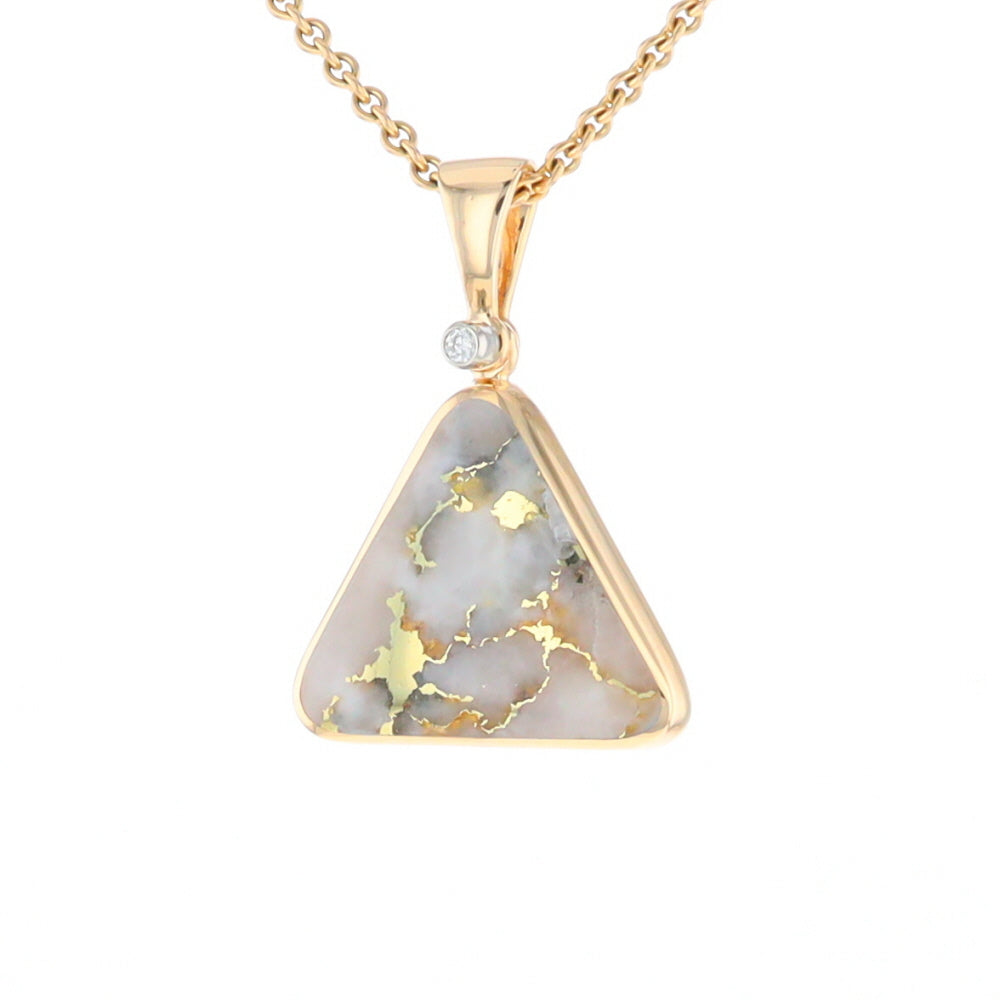 Gold Quartz Necklace Triangle Inlaid Pendant with .02ct Diamond