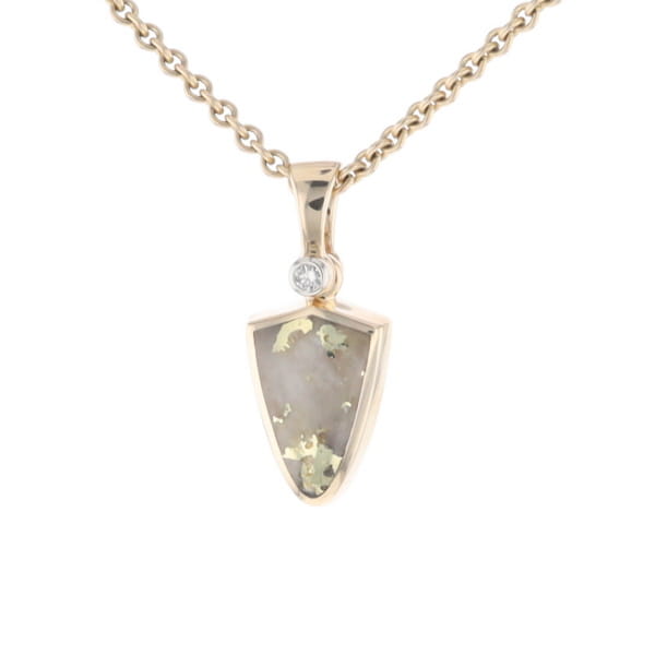 Gold Quartz Pendant Shield Shape Inlaid Pendant with .02ct Diamond