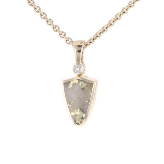 Gold Quartz Pendant Shield Shape Inlaid Pendant with .02ct Diamond