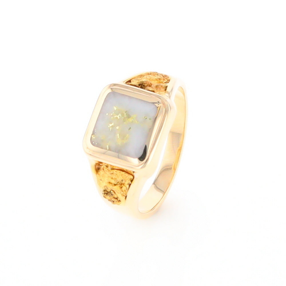 Gold Quartz Ring Square Inlaid Center Design with Natural Nugget Sides