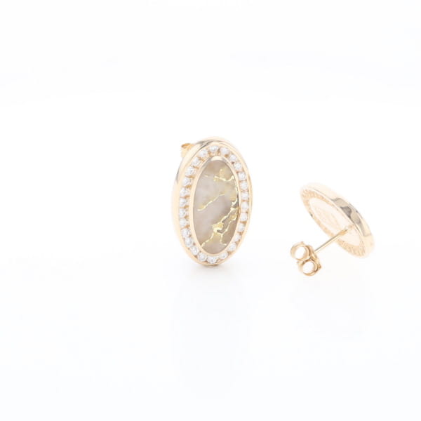Gold Quartz Earrings Oval Inlaid Design .73ctw Round Diamonds Halo G2