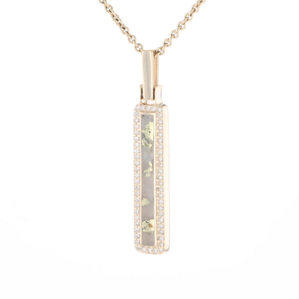Gold Quartz Necklace, Rectangle Inlaid, .27ctw Diamond Halo Pendant