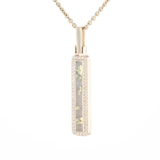 Gold Quartz Necklace, Rectangle Inlaid, .27ctw Diamond Halo Pendant