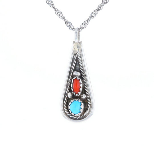 Native Turquoise & Coral Teardrop Pendant