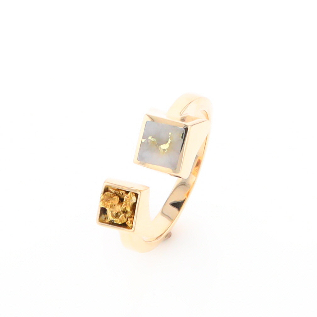 Gold Quartz Ring Natural Nuggets Inlaid Wrap Double Square Design