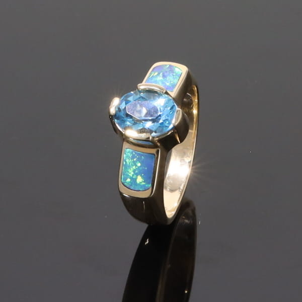 Opal Rings 2 Section Inlaid Design with Oval Swiss Blue Topaz Center