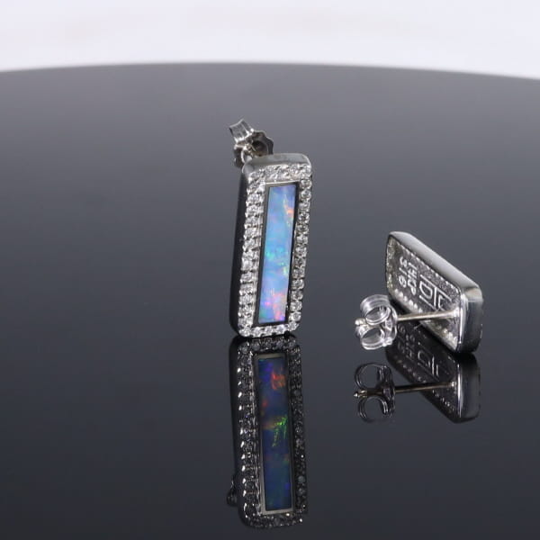 Opal Earrings Rectangle Inlaid with .50ctw Round Diamond Halo Studs
