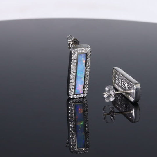 Opal Earrings Rectangle Inlaid with .50ctw Round Diamond Halo Studs