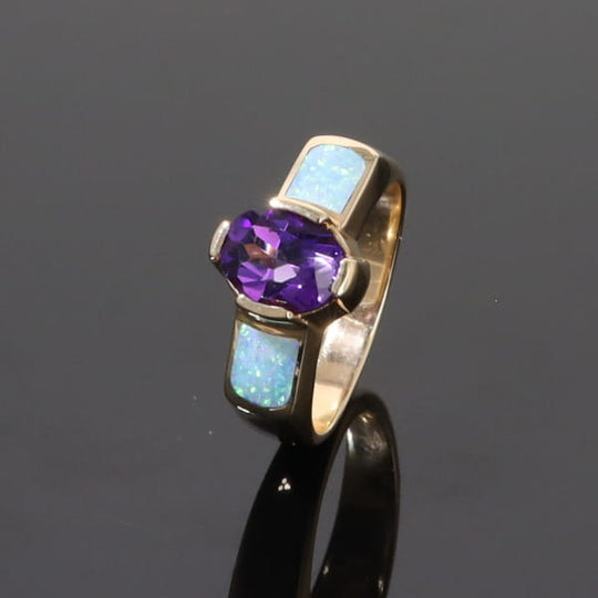 Opal Rings 2 Section Inlaid Design with Oval Amethyst Center