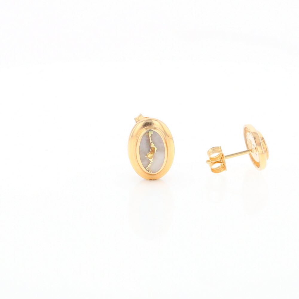 Gold Quartz Earrings Oval Inlaid Design Studs G2