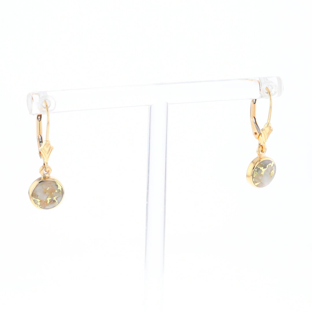 Gold Quartz Earrings Round Inlaid Design Lever Backs