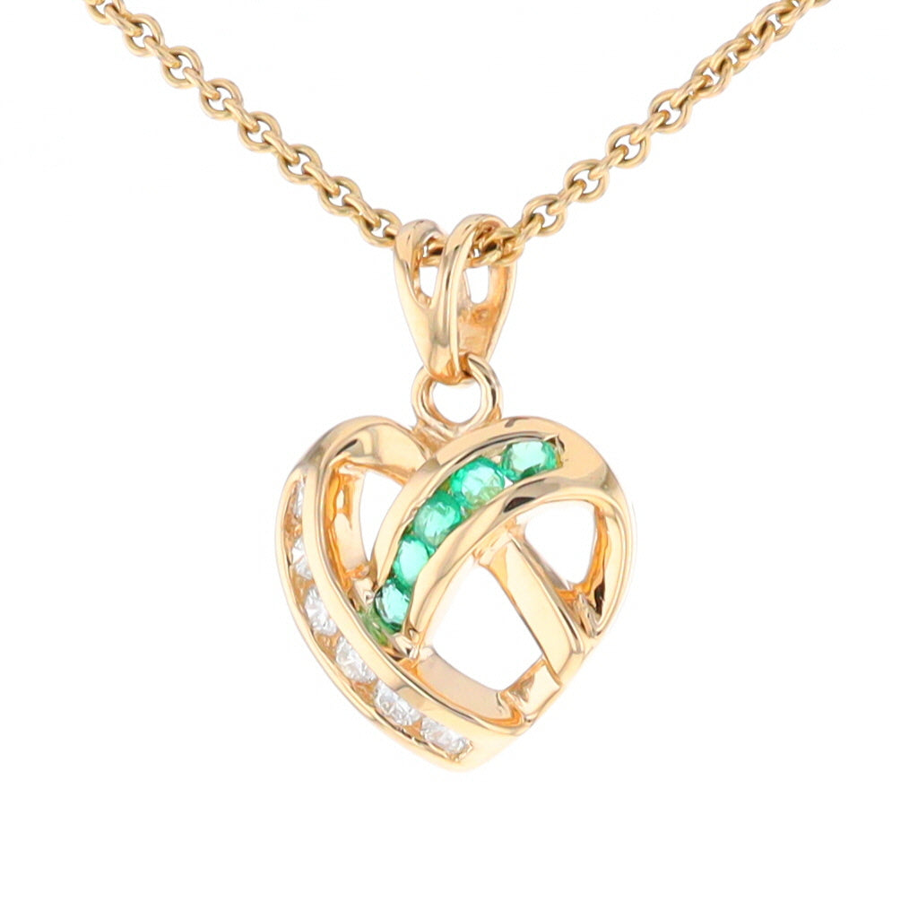 Open Criss-Cross Heart Emerald and Diamond Pendant