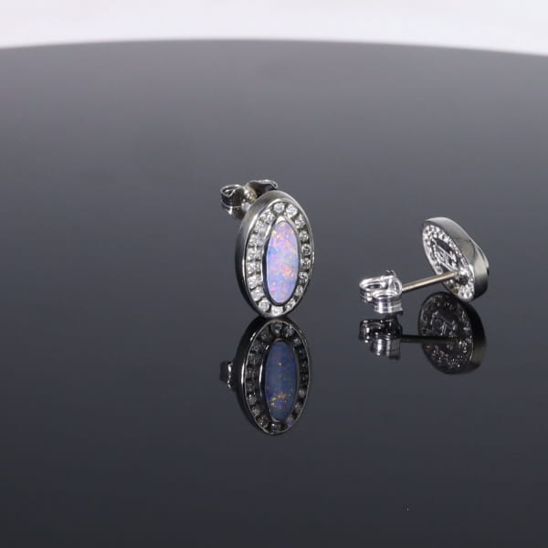 Opal Earrings Oval Inlaid with .25ctw Round Diamond Halo Studs