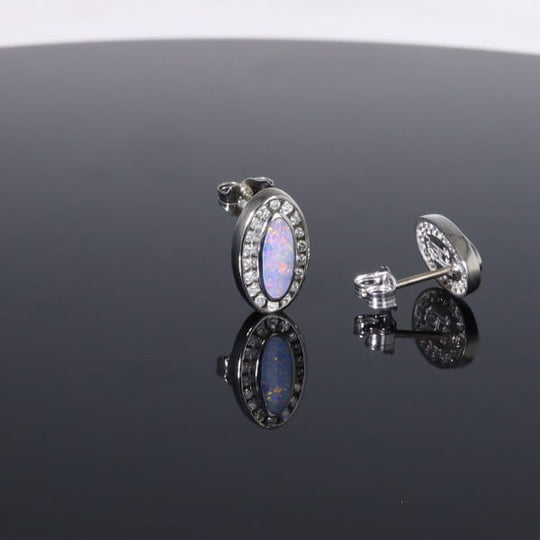 Opal Earrings Oval Inlaid with .25ctw Round Diamond Halo Studs
