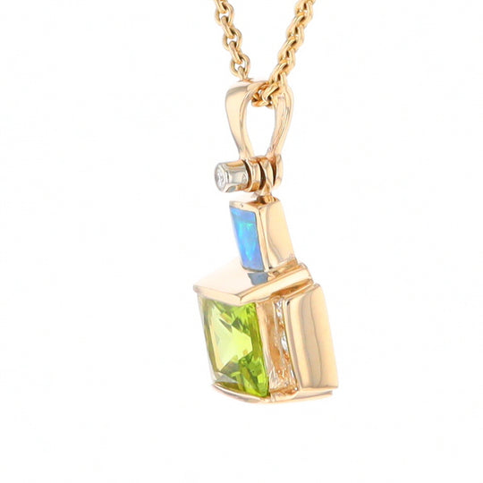 Princess Cut Peridot Pendant with Diamond Frame and Opal Inlay