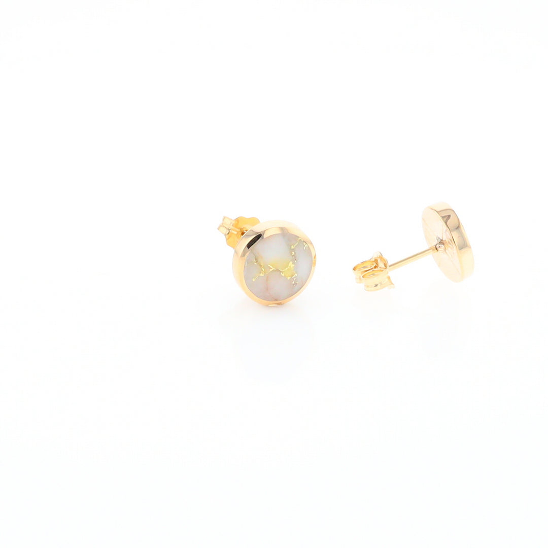 Gold Quartz Earrings 9mm Round Inlaid Studs - G2