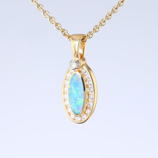 Opal Pendant Oval Inlaid Design with .22ctw Round Diamonds Halo