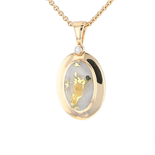 Gold Quartz Necklace Oval Inlaid Pendant with a .02ct Diamond