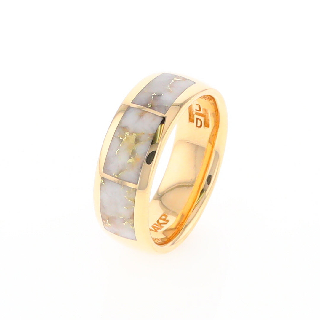 Gold Quartz Ring 3 Section Rectangle Inlaid Design Band