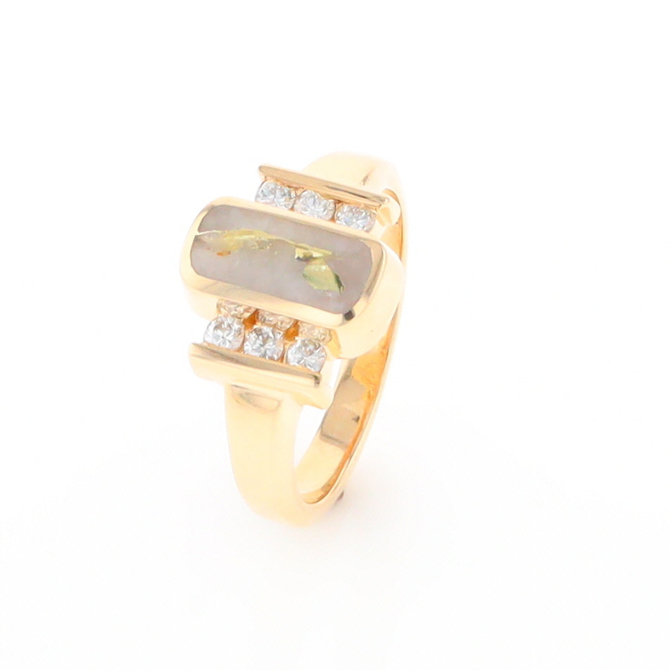 Gold Quartz Ring Oval Inlaid Design with .24ctw Round Diamonds