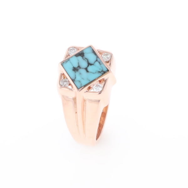Natural Turquoise ring diamond shape inlaid design with .16ctw round diamonds