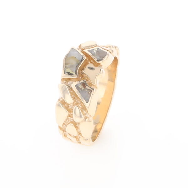 Gold Quartz Ring 3 Section Inlaid Nugget Design Band