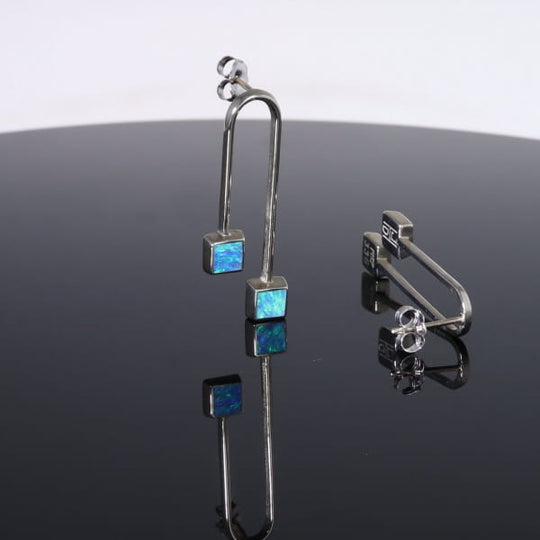 Opal Earrings Curved Bar Double Square Inlaid Ends Design Studs