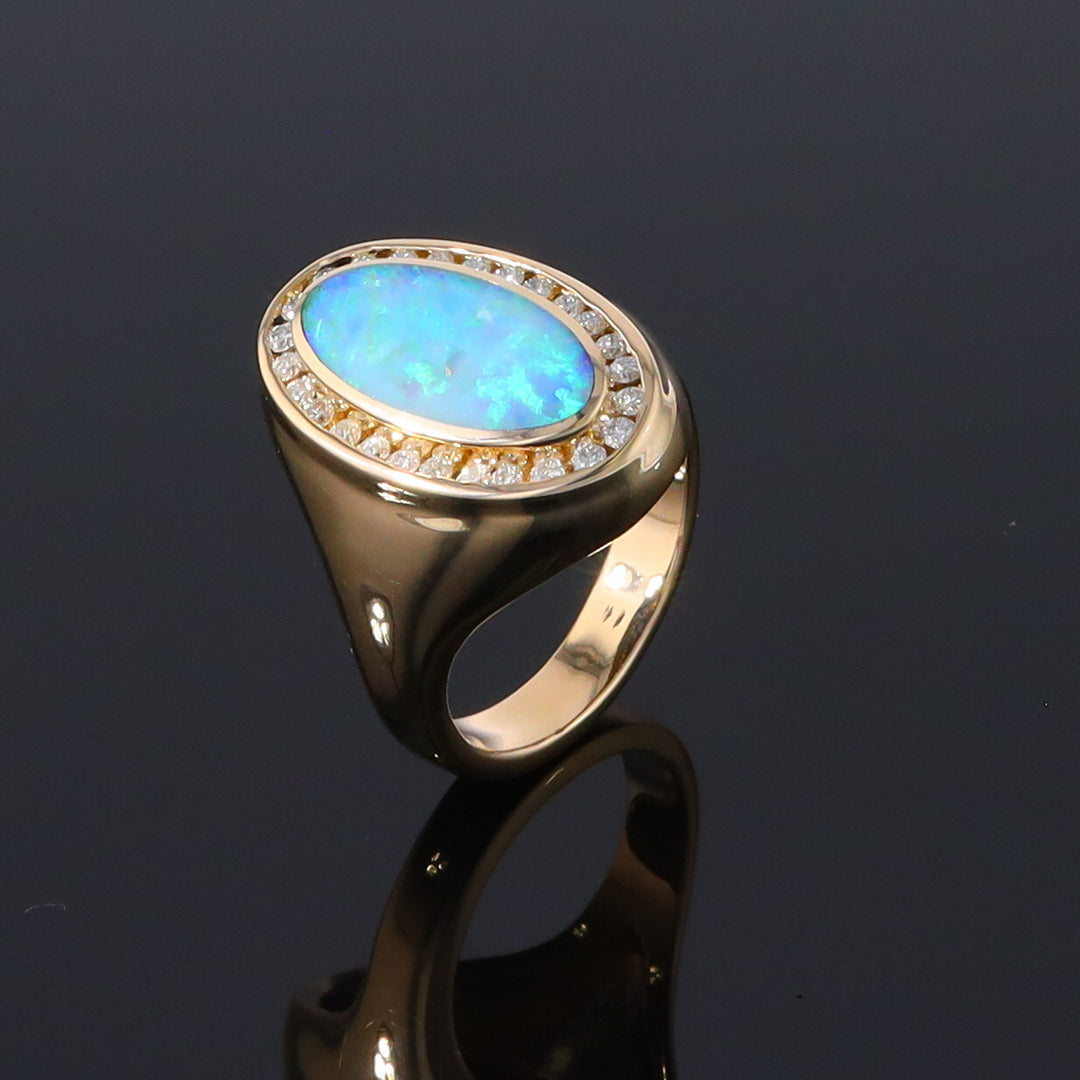 Opal Rings Oval Inlaid Design with .36ctw Round Diamonds Halo