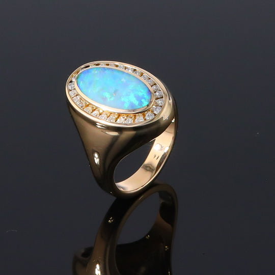 Opal Rings Oval Inlaid Design with .36ctw Round Diamonds Halo