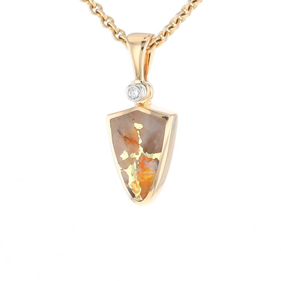 Gold Quartz Necklace Shield Shape Inlaid Pendant with .02ct Diamond