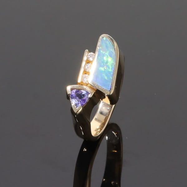 Opal Rings Geometric Inlaid with Tanzanite and .08ctw Round Diamonds