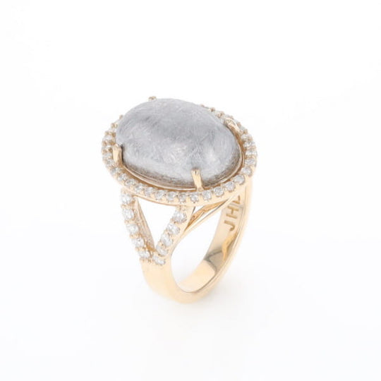 Meteorite Ring Oval Cabochon 0.65ctw Round Diamonds Halo