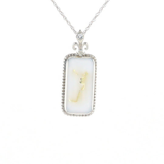 Gold Quartz Necklace, Rectangle Inlaid Fleur De Lis Design with .02ctw Diamond Pendant