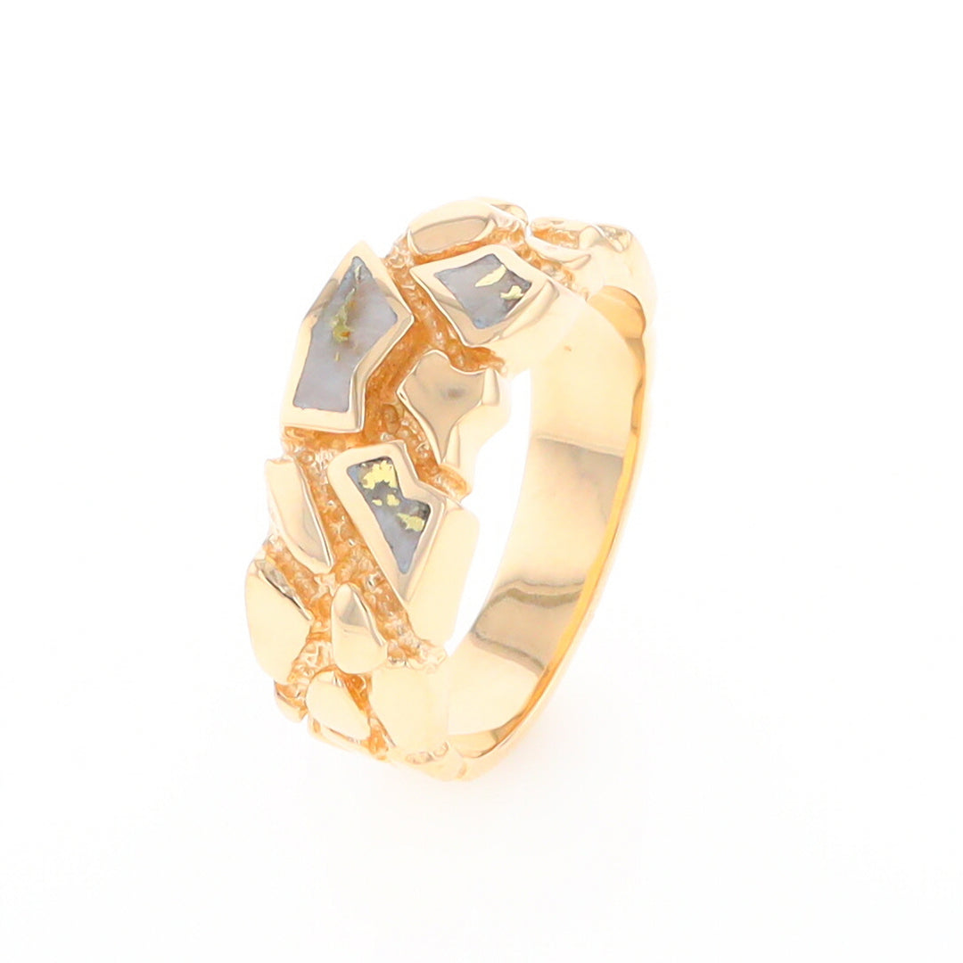 Gold Quartz Ring 3 Section Inlaid Nugget Design Band